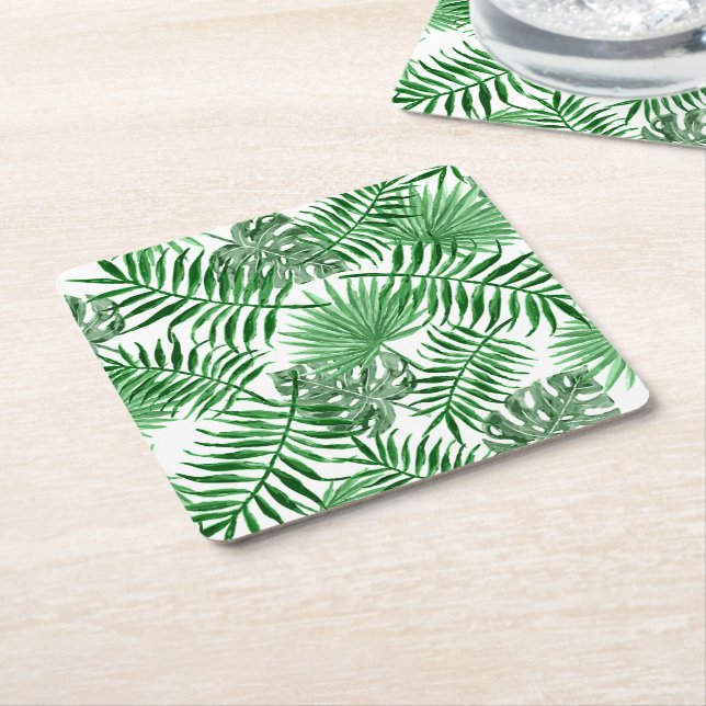 Tropical Green Palm Leaves Summer Art Pattern Square Paper Coaster (Angled)