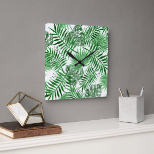 Tropical Green Palm Leaves Summer Pattern Square Wall Clock