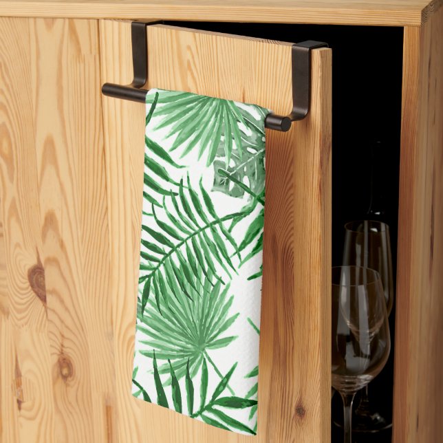 Tropical Green Palm Leaves Summer Watercolor Art Tea Towel (Thirds Fold)