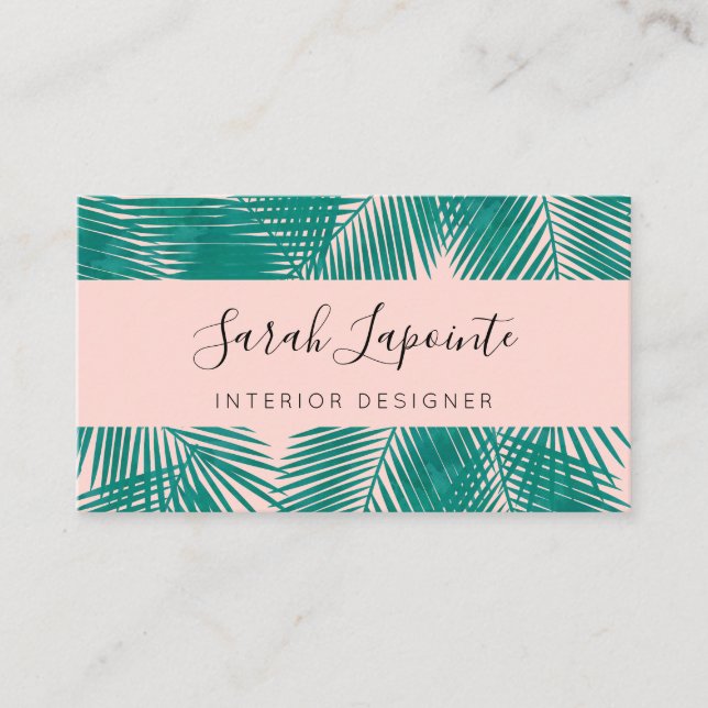 Tropical Green Palm Leaves Trendy Design on Pink Business Card (Front)