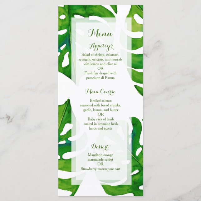 Tropical green palm leaves wedding dinner menu (Front)