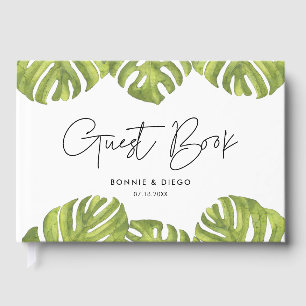 Tropical green palm leaves wedding guest book
