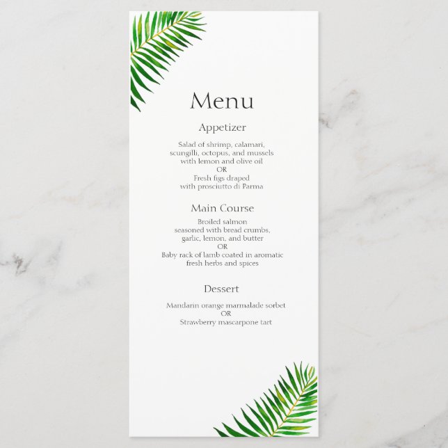 Tropical green palm leaves wedding menu (Front)