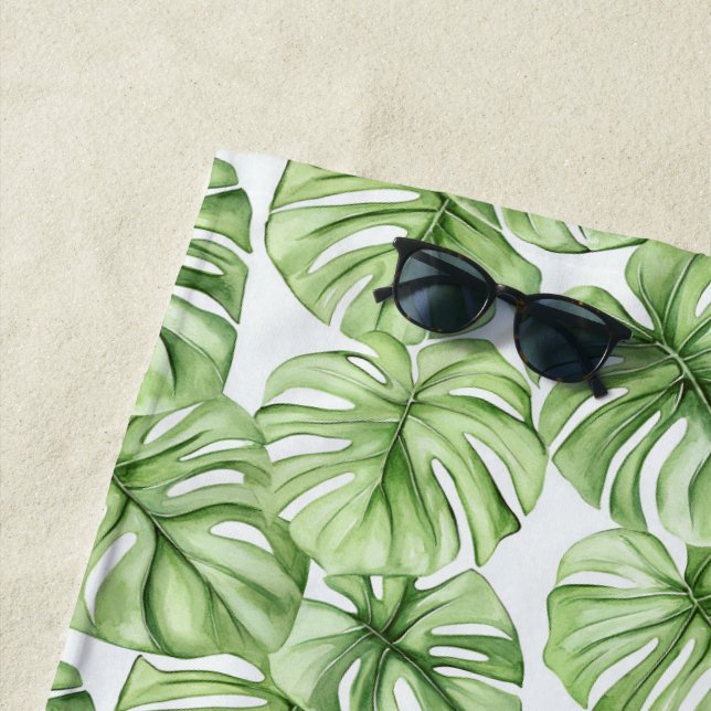 Tropical Green Palm Tree Leaves Beach Towel (In Situ)