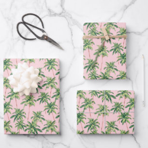 Tropical Green Palm Trees on Pink Wrapping Paper Sheet