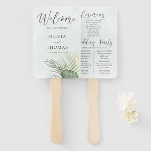 Tropical Green Palm Wedding Program Hand Fan