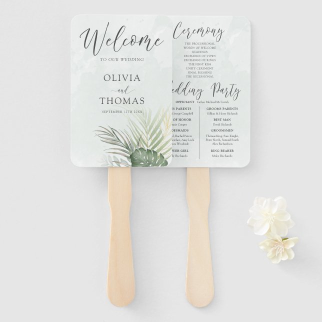 Tropical Green Palm Wedding Program Hand Fan (Front and Back)