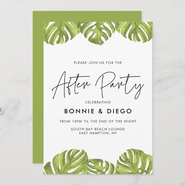 Tropical green palms wedding after party invitation (Front/Back)