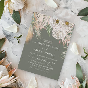 Tropical Green Pampas Grass & Floral Wedding Invitation