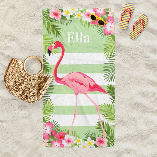 Tropical Green Pink Flamingo Floral Custom Name Beach Towel (Creator Uploaded)
