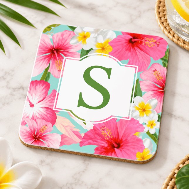 Tropical Green Pink Floral Custom Monogram Initial Coaster (Creator Uploaded)