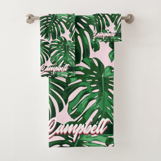 Tropical Green Pink Girly Jungle Leaves Name Bath Towel Set (Insitu)