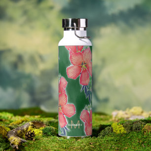 Tropical Green Pink Hibiscus Flower Painting Water Bottle