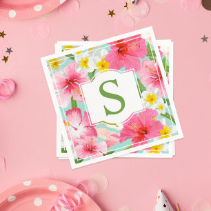 Tropical Green Pink Hibiscus Flowers Monogram Napkin