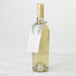 Tropical green pink palm frond watercolor wedding bottle tag