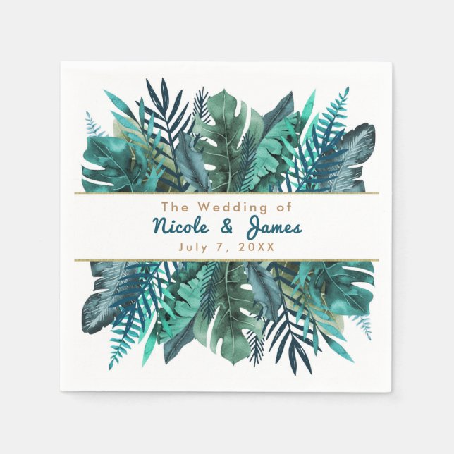 Tropical Green Teal Leaves Elegant White Wedding Napkin (Front)