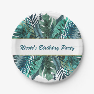 Tropical Green Teal Leaves Elegant White Wedding Paper Plate