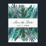 Tropical Green Teal Leaves Wedding Save the Date Announcement Postcard<br><div class="desc">Customise with any text.</div>