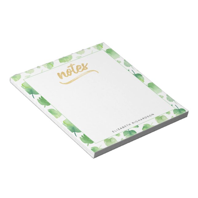 Tropical Green Watercolor Leaves Gold Faux Foil Notepad (Angled)