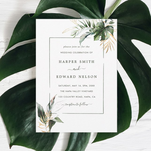 Tropical Green Watercolor Leaves Wedding Invitation (Creator Uploaded)