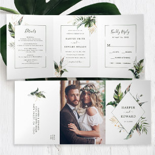 Tropical Green Watercolor Leaves Wedding Tri-Fold Invitation