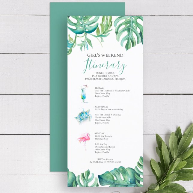 Tropical Green Watercolor Leaves Weekend Itinerary (girl's weekend invitation itinerary tropical watercolor art by Victoria Grigaliunas)
