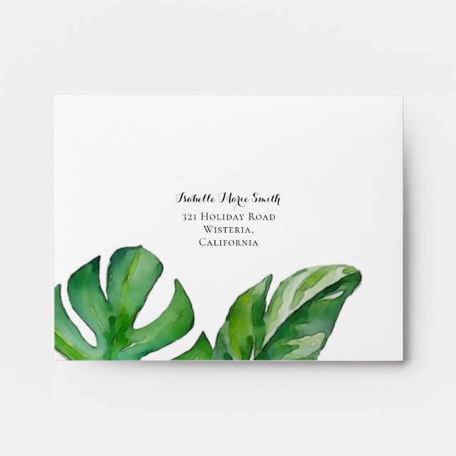 Tropical Green Watercolor Monstera Leaves RSVP Envelope (Front)