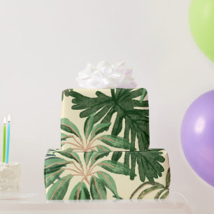 Tropical Green Watercolor Monstera & Palm Leaves Wrapping Paper