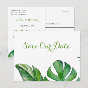 Tropical Green Watercolor Monstera Save The Date Postcard