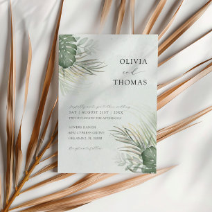 Tropical Green Watercolor Palm Leaves Wedding Invitation