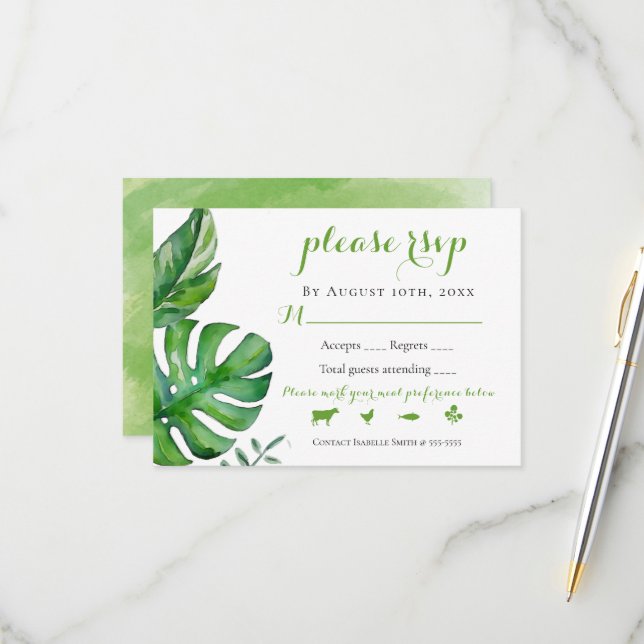 Tropical Green Watercolor Palm Leaves Wedding RSVP Card (Front/Back In Situ)