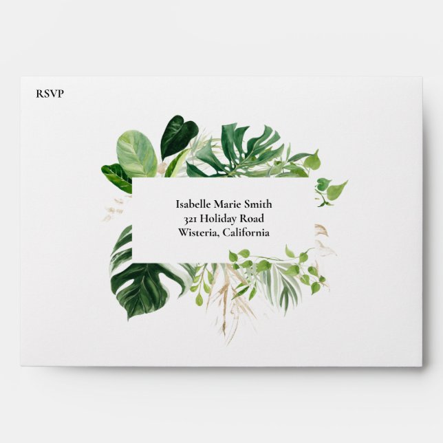Tropical Green Watercolor Palm Leaves Wedding RSVP Envelope (Front)