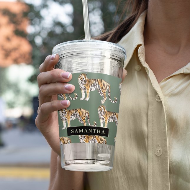 Tropical Green Watercolor Tigers Pattern With Name Acrylic Tumbler (Creator Uploaded)
