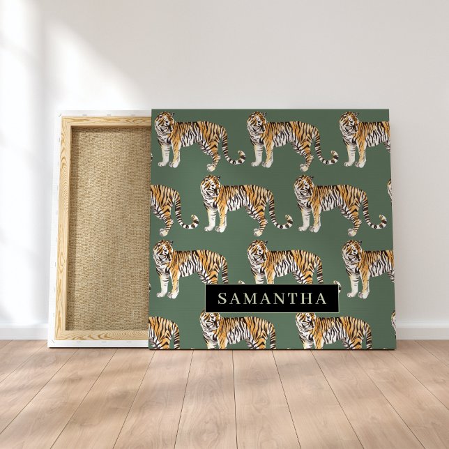 Tropical Green Watercolor Tigers Pattern With Name Canvas Print (Creator Uploaded)