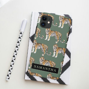 Tropical Green Watercolor Tigers Pattern With Name Case-Mate iPhone Case