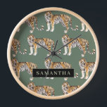 Tropical Green Watercolor Tigers Pattern With Name Clock<br><div class="desc">"Indulge in the wild elegance of nature with our Tropical Green Watercolor Tigers Pattern. Each item featuring this captivating design encapsulates the vibrant spirit of the jungle, blending lush greenery with the majestic presence of tigers. Whether adorning your daily essentials or enhancing your home decor, our collection offers a harmonious...</div>