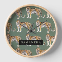 Tropical Green Watercolor Tigers Pattern With Name