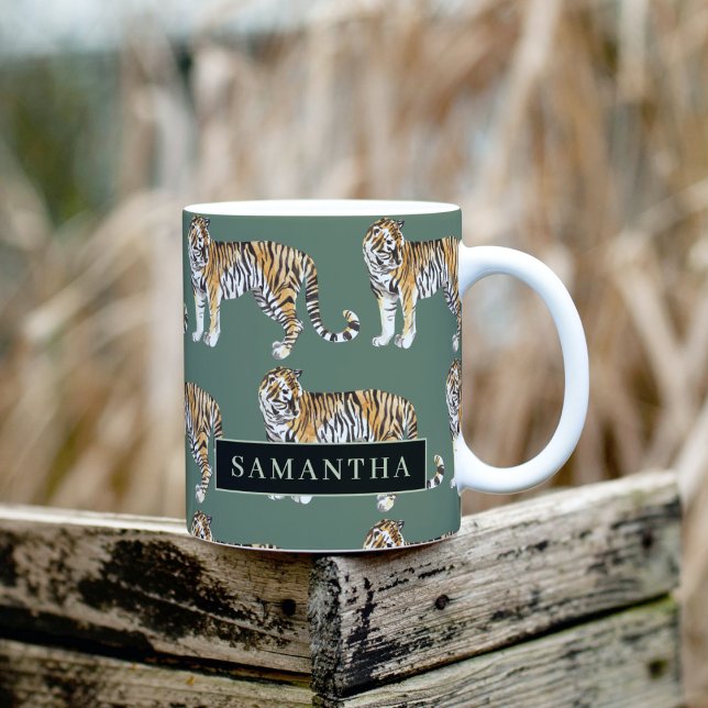 Tropical Green Watercolor Tigers Pattern With Name Coffee Mug (Creator Uploaded)