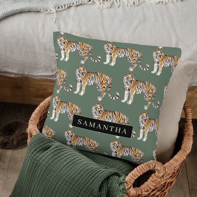 Tropical Green Watercolor Tigers Pattern With Name Cushion (Creator Uploaded)
