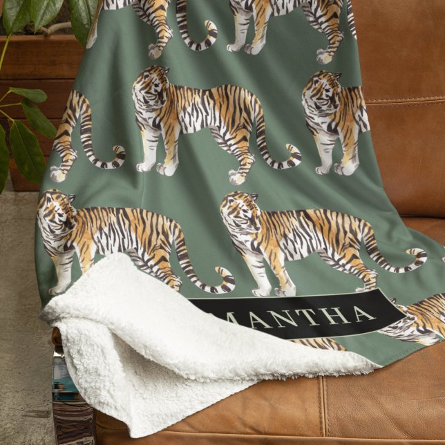 Tropical Green Watercolor Tigers Pattern With Name Fleece Blanket (Creator Uploaded)