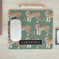 Tropical Green Watercolor Tigers Pattern With Name
