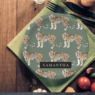 Tropical Green Watercolor Tigers Pattern With Name Paper Plate