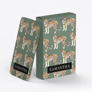 Tropical Green Watercolor Tigers Pattern With Name Playing Cards
