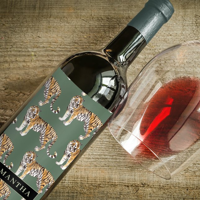 Tropical Green Watercolor Tigers Pattern With Name Wine Label (Creator Uploaded)