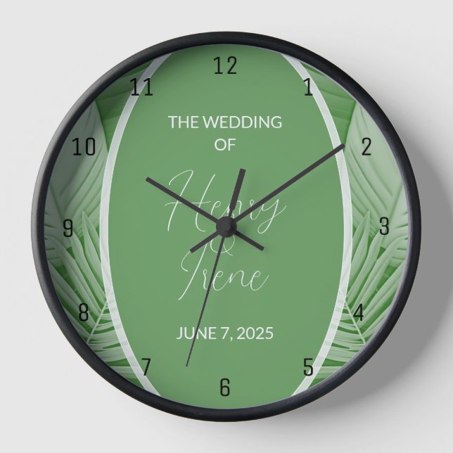 Tropical Green Wedding Couple Name Wall Clock (Front)