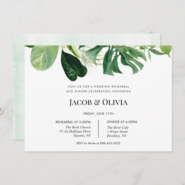 Tropical Green Wedding Rehearsal Dinner invite (Front/Back)