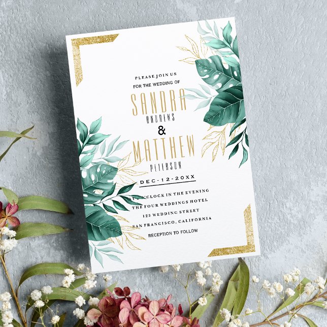 Tropical green white gold glitter floral Wedding Invitation (Tropical green white gold glitter floral Wedding )