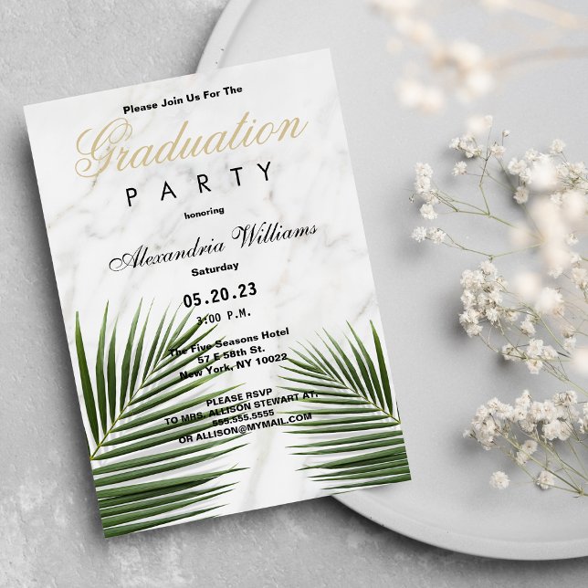 Tropical green white marble floral Graduation  Invitation (Tropical green white marble floral Graduation)