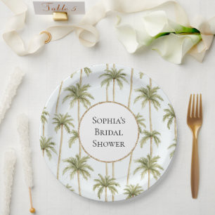 Tropical Green White Palm Trees Bridal Shower Paper Plate
