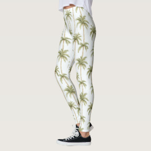 Tropical Green White Palm Trees Leggings